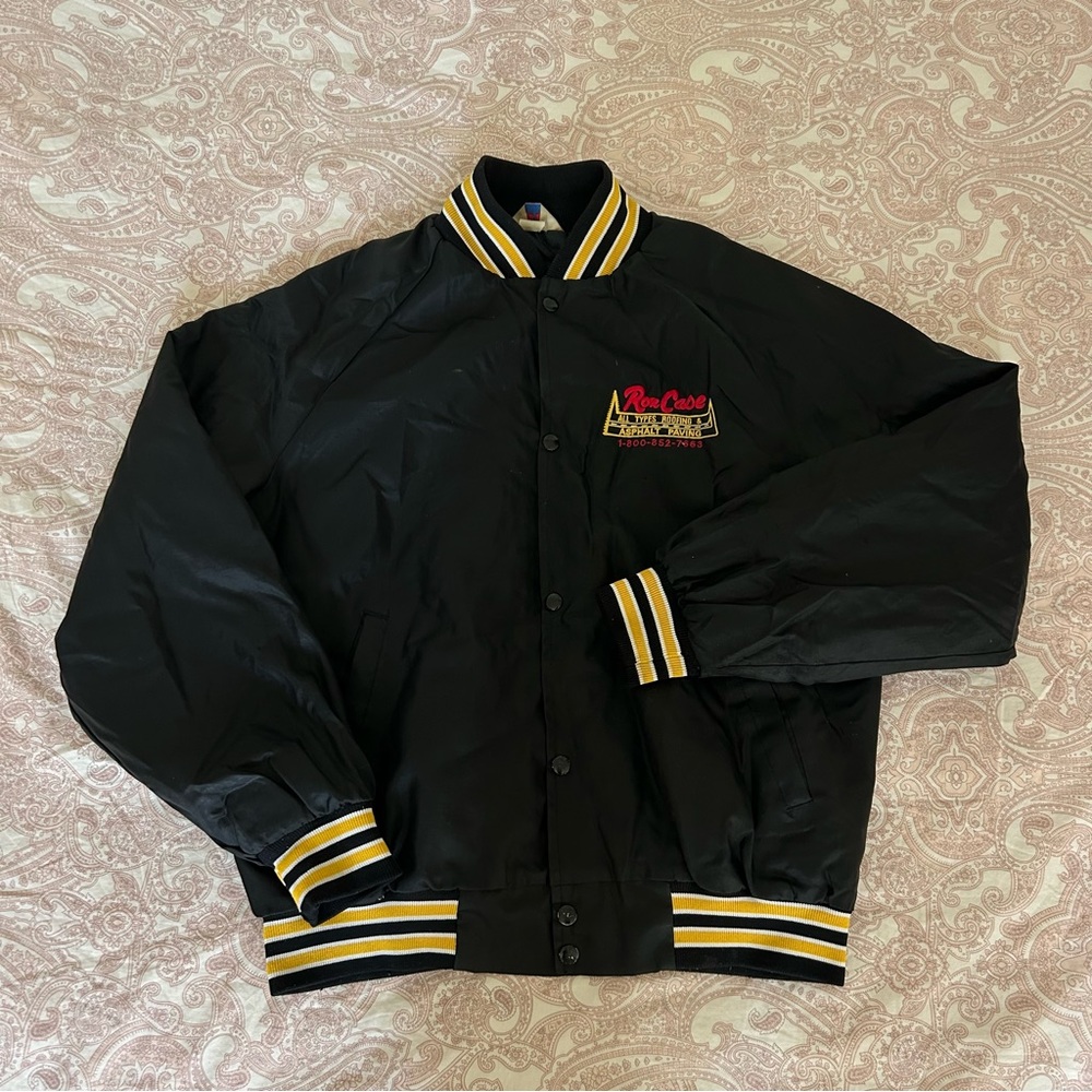 Vintage 1990s dark navy blue & yellow “RBI” satin varsity bomber jacket